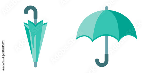 Close and open umbrellas on white background.