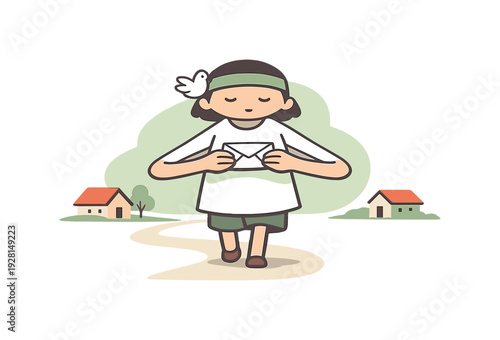 Peace child delivers a folded note along a path, holding it carefully while steps stay steady and homes sit nearby quietly now!