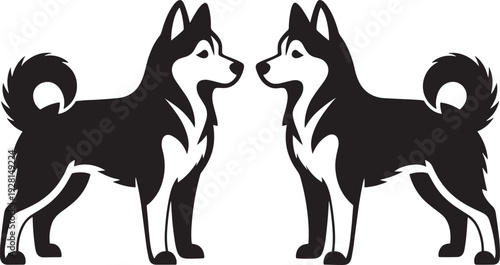 Black and white silhouette illustration of two symmetrical dogs facing each other, stylized husky or malamute design concept for logos, decorative art, and stock imagery use.
