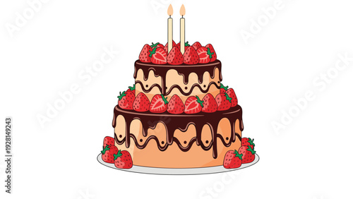 Delicious two tier cake covered in chocolate ganache and decorated with many fresh strawberries and two lit candles.