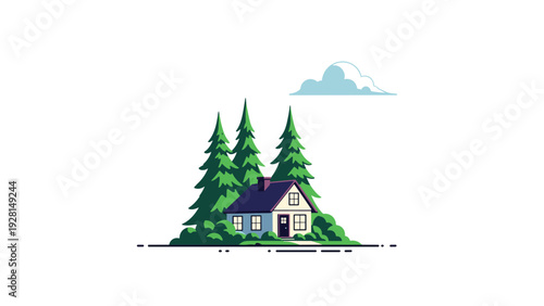 Charming small white house with a blue roof nestled among tall green pine trees under a single cloud.