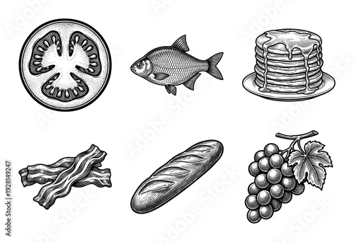 Vintage engraving style food collection featuring tomato slice, fish, pancakes with syrup, bacon strips, baguette bread, and bunch of grapes