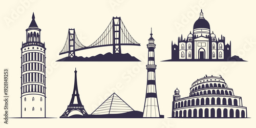Historic buildings and architectural structures from different eras Vector