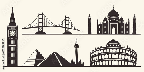 Iconic landmarks from around the world in a single illustration Vector