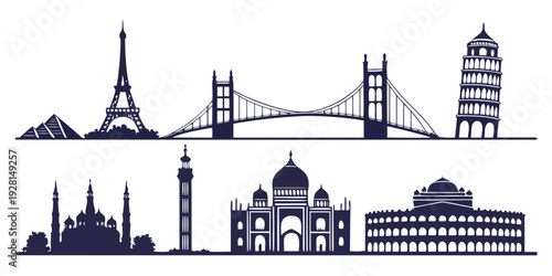 Iconic landmarks from around the world showcased in a minimalist black and white illustration Vector