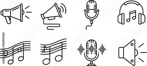 Music and Audio Equipment Icons Set with Microphone Megaphone Headphones and Musical Notes Vector Illustration