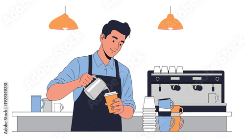 Skilled barista in a blue shirt and black apron carefully pours steamed milk into a cup to create beautiful latte art.