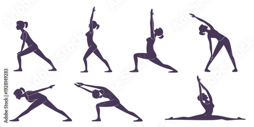 A series of eight yoga poses demonstrating a variety of stretches and positions Vector