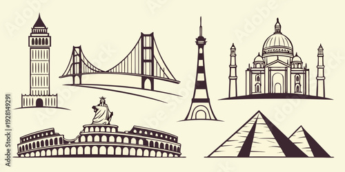 Iconic landmarks from around the world depicted in a vintage style illustration Vector