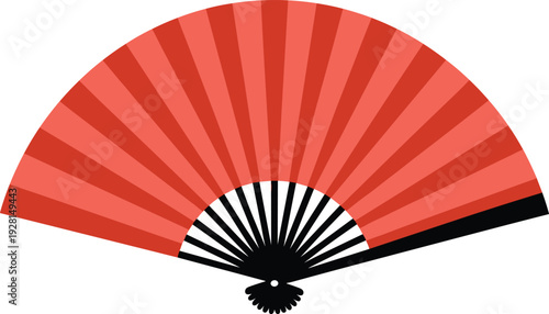 Detailed realistic red hand fan vector illustration traditional folding fan with silk gradient and bamboo ribs premium oriental art isolated on white