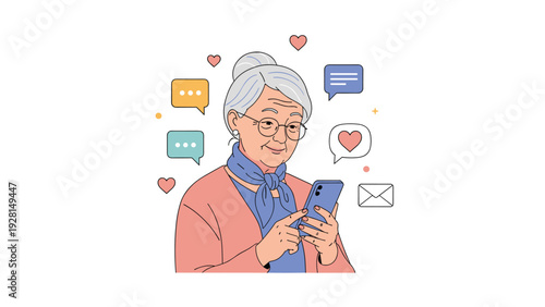 Friendly elderly woman wearing glasses uses her smartphone while surrounded by colorful social media and message icons.