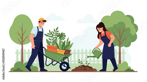 Happy couple works together in a garden where the man pushes a wheelbarrow full of plants while the woman waters sprouts.