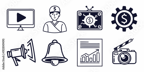 Icons representing various aspects of communication and media Vector