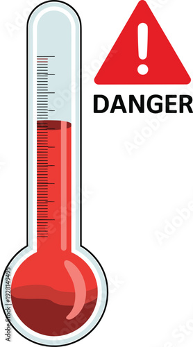 Minimalist danger thermometer vector icon high red mercury level with warning sign flat hazard design isolated on white