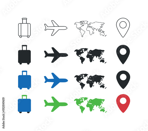 Suitcase for luggage preparation, airplane for international transport, map for global routing, and location pin for overseas
