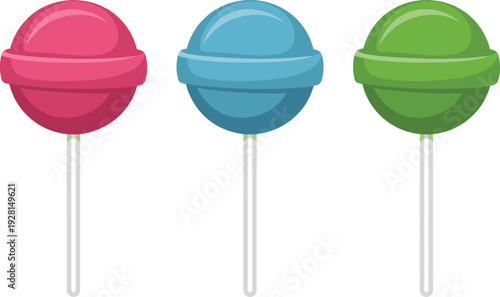 Detailed realistic colorful lollipops vector illustration pink blue green glossy swirled candy on sticks premium sweets art isolated on white