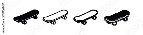 Stylish skateboard graphic icons: classic solid, clean outline, artistic hand-drawn, and pixelated renditions.