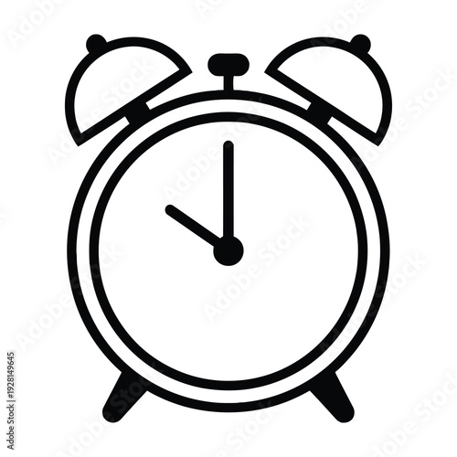 Minimalist black and white alarm clock icon with analog hands indicating time for productivity and focus in modern design projects