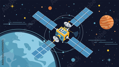 Orbiting satellite floating in deep space near earth and other planets, depicting advanced telecommunications technology and cosmic exploration.