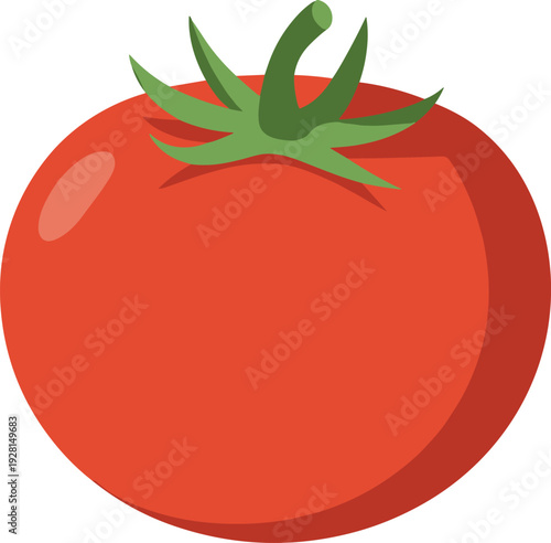 Detailed realistic red tomato vector illustration ripe glossy vegetable with green calyx and stem premium food art isolated on white