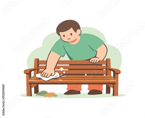 Fresh person wipes a garden bench with a cloth, removing dust as wood slats shine and leaves rest nearby quietly at dusk outside!