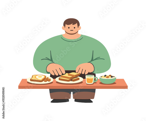 Calm person prepares breakfast in the kitchen, posture steady as food is arranged neatly on the counter | breakfast kitchen, flat