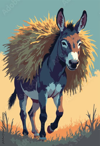 donkey carrying hay, rendered Socialist Realism painterly style visible brushstrokes but simplified details lighting is dramatic inspirational Heroic portrait No text