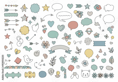 A large collection of hand-drawn illustrations featuring cute icons, arrows, speech bubbles, flowers, and animals, perfect for journaling, scrapbooking, and creative designs