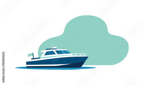 Sleek modern motor yacht cruising on calm blue water with abstract background