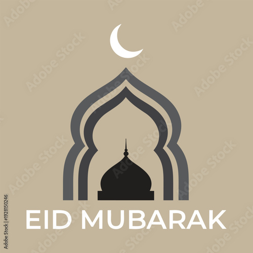 Minimal Eid Mubarak Vector with Mosque Silhouette, Islamic Arch and Crescent Moon