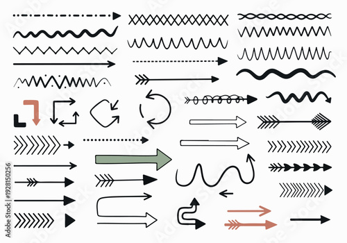Collection of various hand-drawn arrow designs and decorative line elements for graphic design and illustration purposes