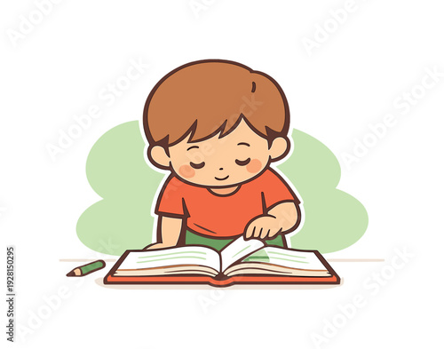 Calm child bends forward, sliding one page over carefully as the open book rests flat on a desk. | child turning pages book, flat