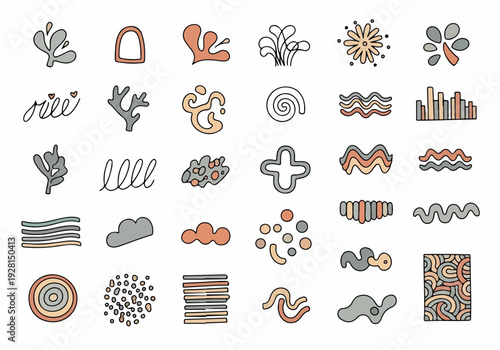 Abstract doodle elements for graphic design, conveying organic shapes, fluid motion, and playful creativity