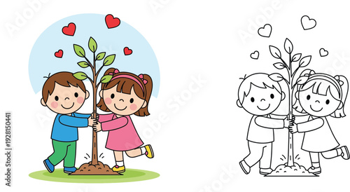Cute children planting a tree together. Earth Day ecology concept vector illustration featuring color and black-and-white outline versions for coloring book pages.