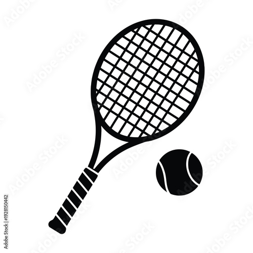Dynamic black and white tennis racket gripping a fuzzy textured ball with a bold grid pattern on the strings ready for action in a minimalist sport design