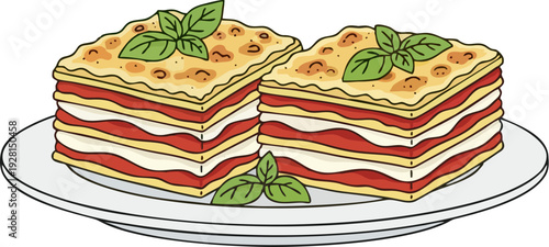 Cartoon Lasagna Slices on White Plate with Fresh Basil Garnish — Flat Vector Food