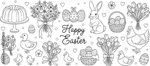 Happy Easter celebration icons collection set, cad drawing flat vector illustration, bunny, eggs, basket, chicken, flowers, cake, and spring elements