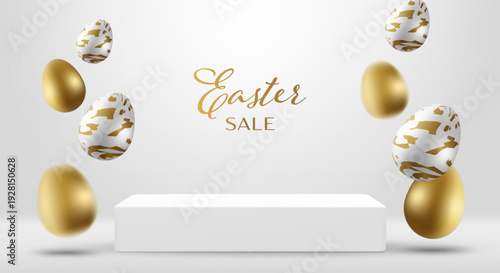 3D vector illustration of white square podium product display with floating gold Easter eggs and spotlight. Concept for luxury Happy Easter holiday sale promotion banner background template.