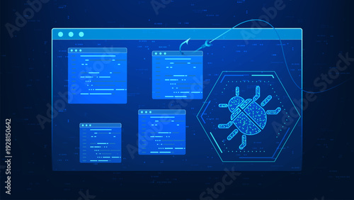 Cyber security technology background featuring a digital bug and phishing hook on a screen, symbolizing malware threats, phishing attacks, data theft, hacking risks, online security protection.
