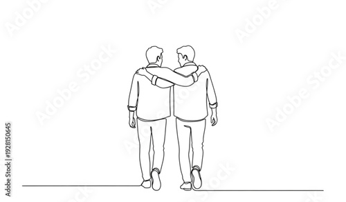 Continuous One Line Drawing of Two Friends Walking Away Hugging Shoulders Minimal Vector