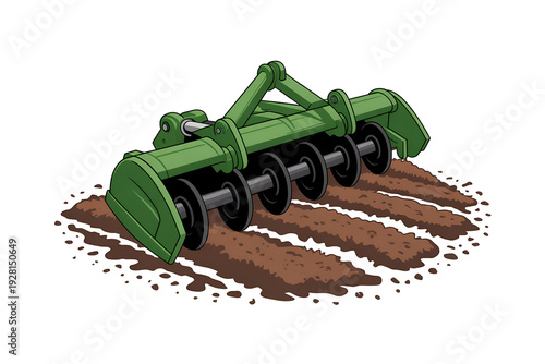 Green rotary tiller digging into brown soil for gardening or landscaping isolated on transparent background