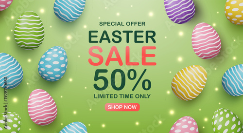 3D vector illustration of colorful patterned Easter eggs frame on green background. Concept for special offer Happy Easter sale 50 percent off discount promotion banner poster template.