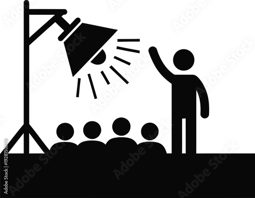 Speaker in spotlight addressing audience, presentation event, seminar concept