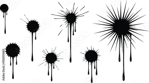 WebBlack ink splatter drips and paint splash vector set isolated on white background grunge stain blot abstract design element