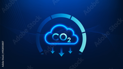 Green technology cloud with CO2 indicators and measurement levels, representing carbon monitoring, climate data analytics, environmental sustainability, emission control, and smart eco-friendly