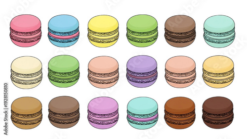 High-quality black outline colorful illustration of macarons arranged in neat grid pattern, modern dessert flat lay composition