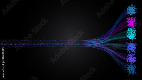 Data visualization of network connections with colorful nodes and lines on black background