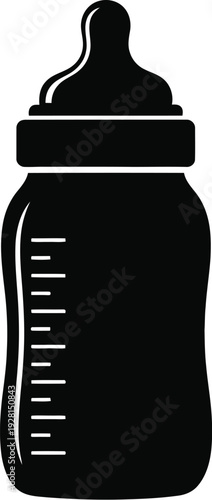 Black silhouette vector icon of a baby bottle with clear measurement markings on a transparent background, excellent for pediatric, nursery, or product designs