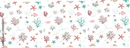 Colorful coral reef seamless vector pattern, ocean marine life background with fish and starfish illustration