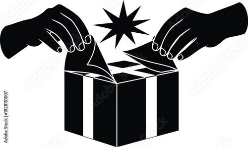 Hands opening gift box with a surprise explosion or starburst coming out, black and white silhouette graphic